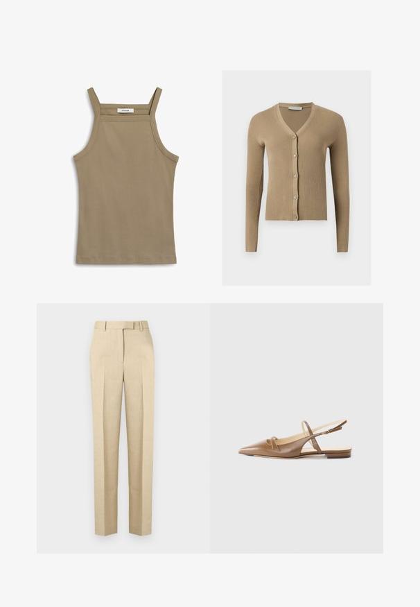 Beige ribstrikket cardigan med V-hals, lange ærmer og fem knapper foran.; Khaki tank top med tynde straps, ribbet tekstur og en lige kant. Mærket læser "IVY OAK" ved halsudskæringen.; Beige skræddersyede bukser med høj talje, bæltestropper, forkant og skjult lukning, vist mod en ensfarvet baggrund.; Brune lædersandaletter med spidse tæer, to smalle stropper og en lav hæl. Glat tekstur med en poleret finish.