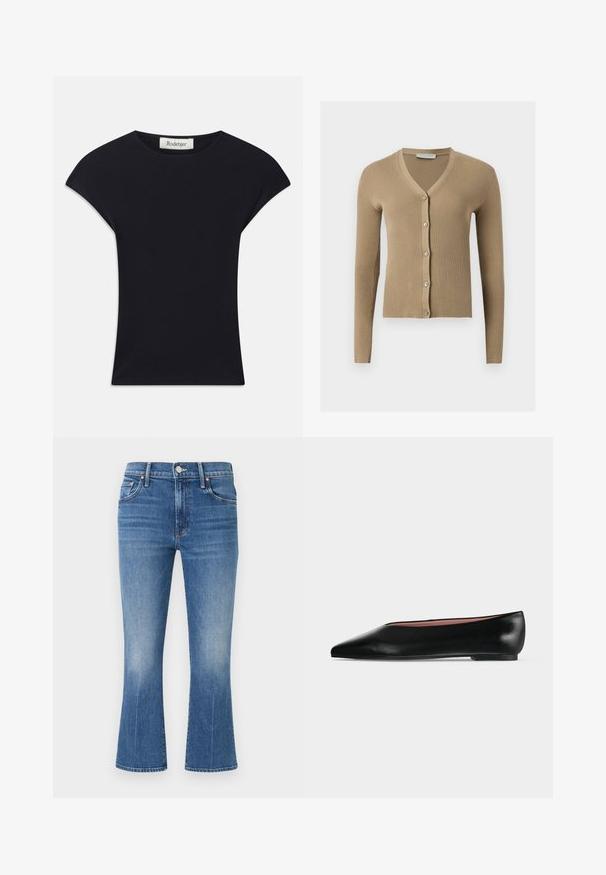 Beige Rippenstrick-Cardigan mit V-Ausschnitt, langen Ärmeln und fünf vorderen Knöpfen.; Schwarzes Kurzarmoberteil aus weichem Stoff, mit einem runden Ausschnitt und einer figurbetonten Form, die subtile Schulterakzente setzt. Etikett sichtbar.; Blaue Jeans aus Denim mit leichtem Verblassen, im Fünf-Taschen-Stil, mit Knopf- und Reißverschluss sowie leicht ausgestellten Beinen.; Schwarzer flacher Damenleder-Schuh mit spitzer Kappe und niedrigem Absatz, von der Seite auf einfarbigem hellgrauem Hintergrund gezeigt.