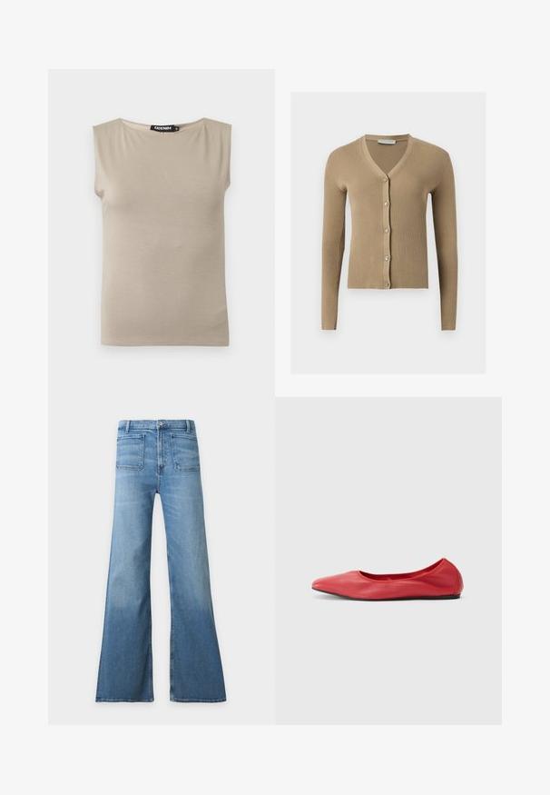 Cardigan beige en maille côtelée avec encolure en V, manches longues et cinq boutons à l'avant.; Haut beige en coton sans manches avec larges bretelles et col rond, taille moyenne, posé à plat sur fond blanc.; Jean en denim bleu clair taille haute avec jambes larges évasées, poches plaquées à l’avant, fermeture par boutons et passants de ceinture.; Filippa K REY FLATS - Ballerines - bright red