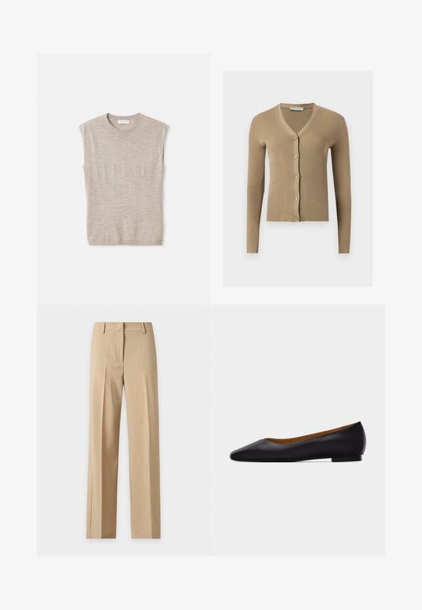 Beige geribbelde gebreide cardigan met V-hals, lange mouwen en vijf knopen aan de voorkant.; Lichtbeige mouwloze top van zacht materiaal, met een ronde hals, strakke lijnen en een iets losse pasvorm. Minimalistisch ontwerp.; Beige rechte broek met ceintuurlussen, voorvouw en verborgen voorzijde sluiting, getoond tegen een effen lichte achtergrond.; Zwarte leren puntschoen met lage hak en gladde afwerking, zijaanzicht op een lichtgrijze achtergrond.