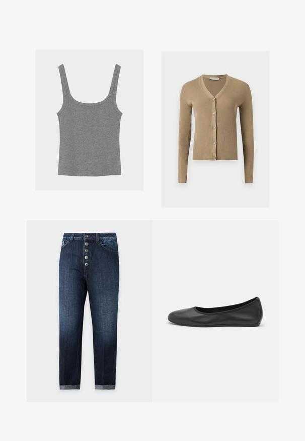 Cardigan beige en maille côtelée avec encolure en V, manches longues et cinq boutons à l'avant.; Débardeur en tissu côtelé gris avec larges bretelles et encolure carrée, présenté à plat sur un fond clair.; Jean en denim bleu foncé avec une braguette à cinq boutons, poches avant, passants de ceinture et revers roulés aux chevilles, présenté sur un fond uni.; Ballerines en cuir noir avec un bout rond, texture lisse, détails de couture minimalistes et design de semelle flexible.