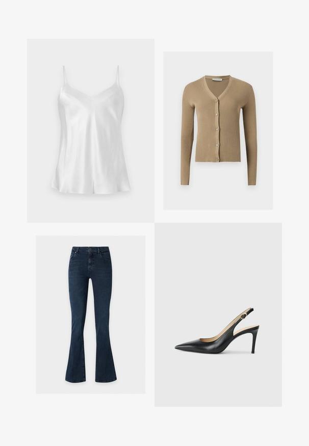 Cardigan beige en maille côtelée avec encolure en V, manches longues et cinq boutons à l'avant.; Haut camisole en satin blanc avec fines bretelles spaghetti et décolleté en V, présenté à plat sur un fond neutre.; Jean en denim bleu foncé à taille haute et jambes évasées, avec poches avant, passants de ceinture et fermeture par bouton.; Escarpins en cuir noir avec une pointe fine, une bride ajustable et un talon aiguille élégant, présentant une finition lisse.