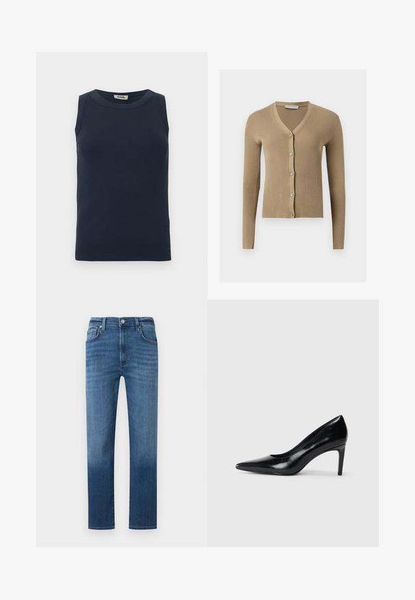 Cardigan beige en maille côtelée avec encolure en V, manches longues et cinq boutons à l'avant.; Haut sans manches bleu marine foncé en tissu côtelé. Présente un col rond et une coupe ajustée sans accents ni motifs supplémentaires.; Jean droit en denim bleu pour homme avec poches avant, passants de ceinture, fermeture par bouton et légère décoloration aux cuisses et aux genoux.; Chaussure à talon haut en cuir noir avec un bout pointu, texture lisse et un talon effilé. Design minimaliste, sans embellissements supplémentaires.