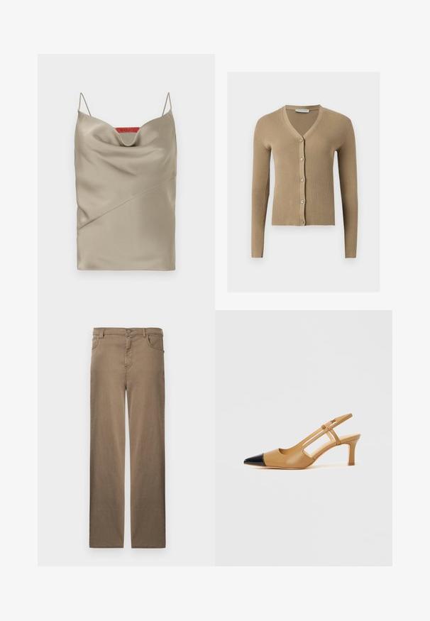 Cardigan beige en maille côtelée avec encolure en V, manches longues et cinq boutons à l'avant.; Camisole en satin de couleur taupe clair avec un décolleté drapé, des bretelles fines et ajustables, et des détails de couture diagonaux. Étiquette de marque en rouge à l'arrière.; Pantalon marron à jambes droites avec bouton à l'avant, fermeture éclair, et poches avant et arrière, présenté sur un fond blanc.; Escarpins slingback couleur fauve avec embout pointu noir, côtés découpés et talon bloc de hauteur moyenne. Matière en cuir lisse.