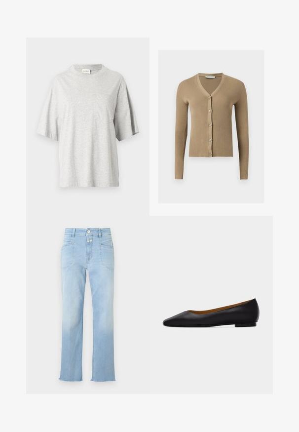 Cardigan beige en maille côtelée avec encolure en V, manches longues et cinq boutons à l'avant.; T-shirt en coton gris avec un col rond, des manches courtes et une poche sur le côté gauche de la poitrine. Comprend une petite étiquette sur la couture latérale.; Jean en denim bleu clair taille haute, poches plaquées à l'avant, fermeture par bouton et zip, ourlet brut aux chevilles.; Chaussure plate en cuir noir à bout pointu avec talon bas et finition lisse, vue de côté sur un fond gris clair.