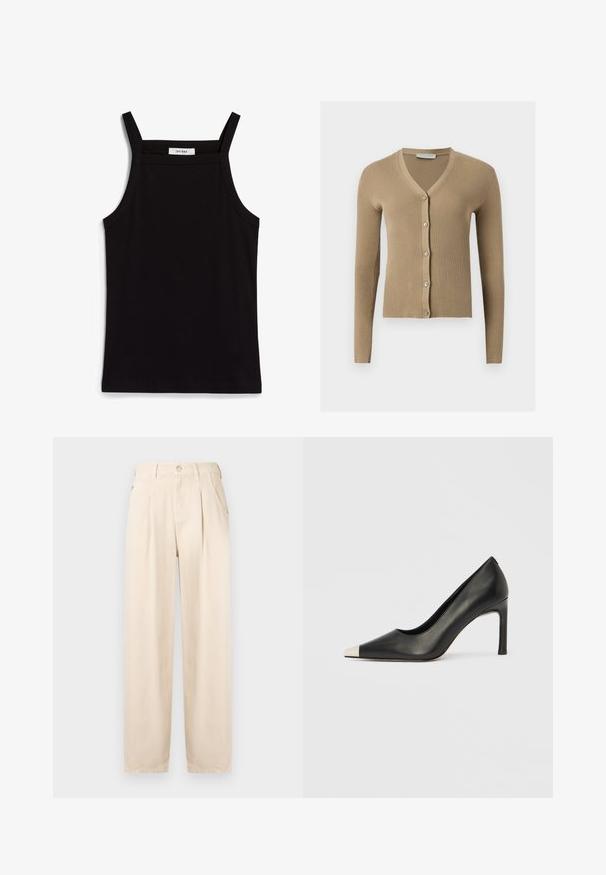 Beige geribbelde gebreide cardigan met V-hals, lange mouwen en vijf knopen aan de voorkant.; Zwarte tanktop met dunne spaghettibandjes, gemaakt van ribstof, met een rechte snit en een label op de hals dat "IVY OAK" zegt.; Beige plissébroek gemaakt van een katoenmix. Voorzien van een ritsvlieg, knoopsluiting en zijzakken, met een ontspannen pasvorm en rechte pijpen.; Zwarte leren hoge hak met een spits toelopende neus en een metalen zilverkleurige kap. Heeft een gladde afwerking en een slanke hak van 10 cm.