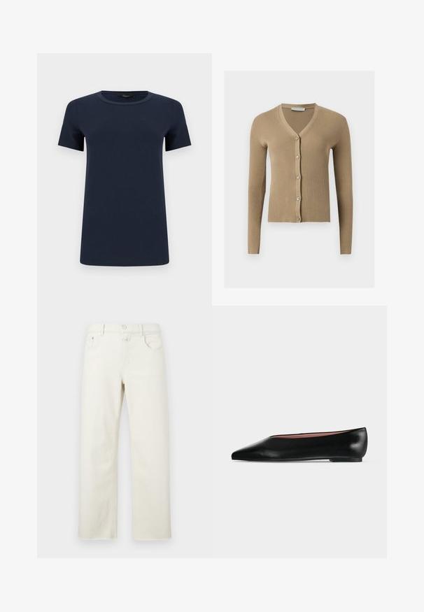 Cardigan beige en maille côtelée avec encolure en V, manches longues et cinq boutons à l'avant.; T-shirt en coton bleu marine à manches courtes avec col rond, présenté à plat sur un fond blanc.; Jean à jambes larges en denim blanc cassé, doté d'une fermeture à boutons, de cinq poches et d'une silhouette droite classique avec des détails de couture minimalistes.; Chaussure plate en cuir noir pour femme, avec bout pointu et petit talon, vue de côté sur un fond gris clair uni.