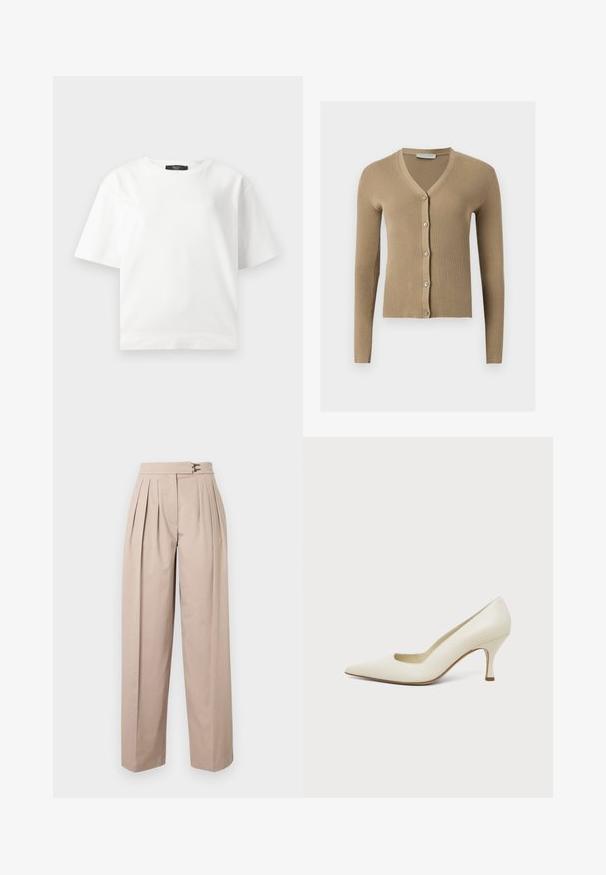 Cardigan beige en maille côtelée avec encolure en V, manches longues et cinq boutons à l'avant.; T-shirt blanc à manches courtes avec une coupe décontractée, en tissu de coton lisse, doté d'un col rond et sans motifs ni accents visibles.; Pantalon beige à jambes larges avec plis, deux fermetures métalliques à la taille et une texture lisse en coton. Pas de poches visibles.; Chaussure à talon haut en cuir couleur crème, à bout pointu et talon fin de hauteur moyenne, sur un fond clair uni.
