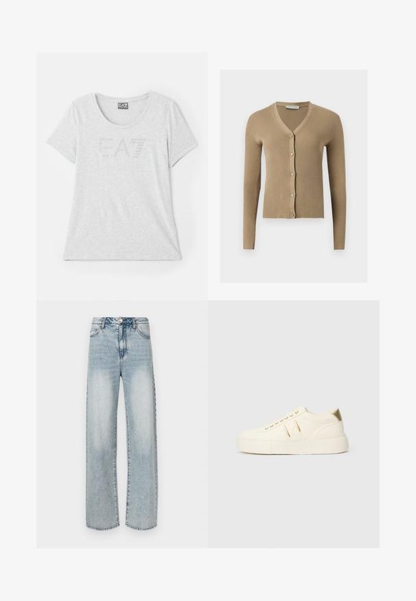Beige geribbelde gebreide cardigan met V-hals, lange mouwen en vijf knopen aan de voorkant.; Lichtgrijs T-shirt van zachte stof, met een ronde hals en korte mouwen. De voorkant toont een subtiele EA7-logo in rhinestones.; Lichtblauwe jeans met wijde pijpen van denim, met een hoge taille, een ontwerp met vijf zakken, een verweerde textuur en zichtbare stiksel details.; Crème kleurige low-top sneaker met gouden accenten, veters en geperst "Armani Exchange" logo op de zool en zijpatch.