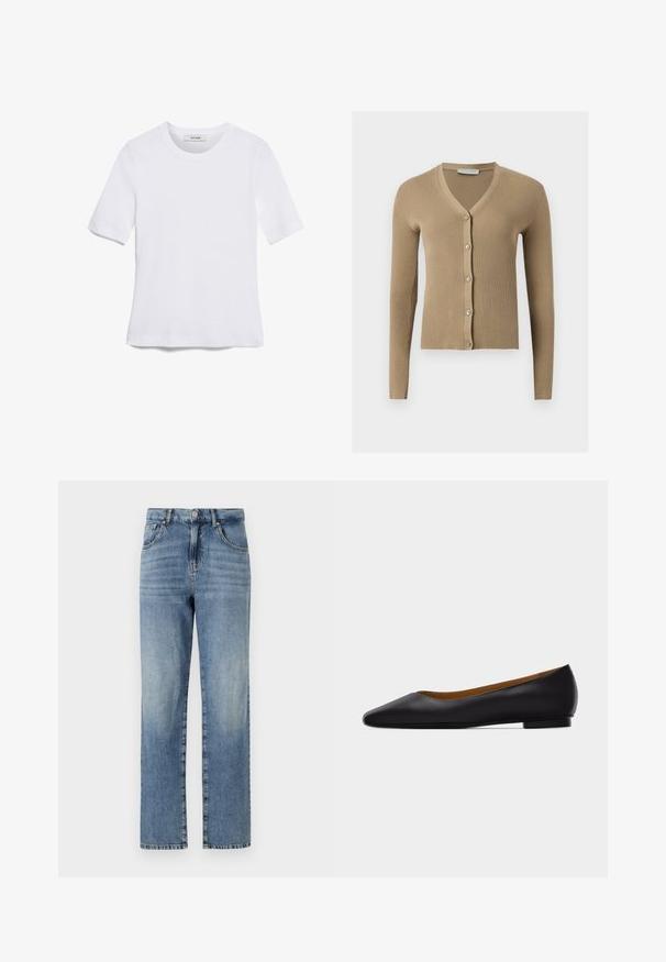 Cárdigan de punto beige acanalado con escote en V, mangas largas y cinco botones delanteros.; Camiseta de manga corta blanca hecha de tela de canalé. Cuello redondo, corte regular y detalles de costura sutiles. Sin patrones ni gráficos.; Jeans de mezclilla en un azul claro con un diseño de pierna recta, que cuentan con cinco bolsillos, un cierre de botón y cremallera, y un desvanecimiento mínimo en la tela.; Zapato plano de punta puntiaguda de cuero negro con tacón bajo y acabado liso, mostrado de perfil sobre un fondo gris claro.