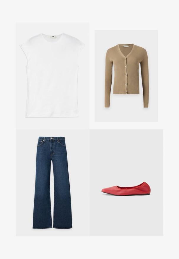 Cardigan beige en maille côtelée avec encolure en V, manches longues et cinq boutons à l'avant.; T-shirt blanc à manches courtes en coton. Doté d'un col rond et d'une texture lisse et douce avec une coupe décontractée. Aucun motif ni accent.; Jean en denim bleu foncé à jambes larges avec bouton à l'avant, fermeture éclair et design à cinq poches sur fond gris clair.; Filippa K REY FLATS - Ballerines - bright red