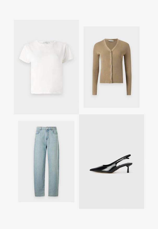 Cardigan beige en maille côtelée avec encolure en V, manches longues et cinq boutons à l'avant.; T-shirt en coton blanc à manches courtes, col rond et coupe décontractée. Étiquette visible au niveau du col, texture lisse. Design simple, sans motifs.; Jean en denim bleu clair à jambe droite avec poches avant, passants de ceinture et fermeture par bouton.; Escarpins à talons slingback en cuir verni noir avec un bout pointu, un talon fin et une sangle réglable. Texture lisse avec un détail minimal.