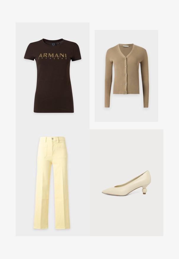 Cardigan beige en maille côtelée avec encolure en V, manches longues et cinq boutons à l'avant.; T-shirt marron foncé à manches courtes avec texte contour jaune "ARMANI EXCHANGE" sur la poitrine et col rond.; Pantalon jaune taille haute à jambes droites avec poches plaquées à l'avant et fermeture par boutons sur fond uni.; Chaussure femme couleur crème à bout pointu avec un petit talon rond en forme de boule, sur fond uni.