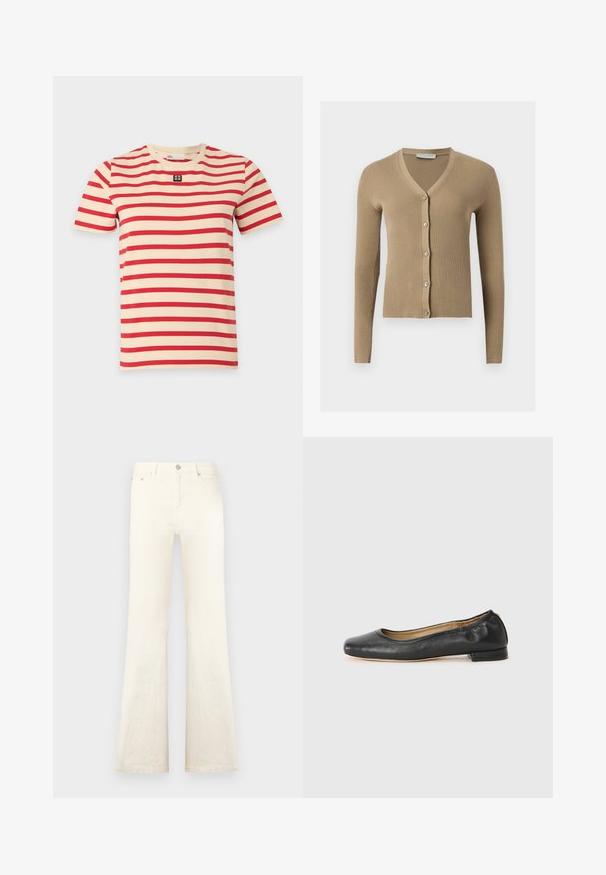 Cardigan beige en maille côtelée avec encolure en V, manches longues et cinq boutons à l'avant.; T-shirt beige à manches courtes avec des rayures rouges horizontales et un petit patch logo noir et blanc centré sous le col.; Jean en denim blanc évasé avec taille haute, doté de poches avant et d'une fermeture à bouton, texture lisse et détails de couture soignés.; Ballerines en cuir noir avec un bout arrondi et des coutures minimales. Talon bas et rectangulaire avec une texture lisse. Détails subtils de doublure intérieure.