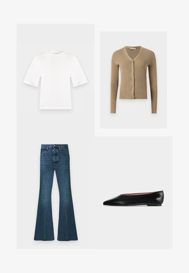 Cardigan beige en maille côtelée avec encolure en V, manches longues et cinq boutons à l'avant.; T-shirt blanc à manches courtes avec col rond, coupe droite et texture de tissu lisse, présenté sur un fond plat gris clair.; Jean en denim évasé bleu foncé avec une taille haute, un design à cinq poches et une couture classique. Le tissu présente un aspect lisse et texturé.; Chaussure plate en cuir noir pour femme, avec bout pointu et petit talon, vue de côté sur un fond gris clair uni.