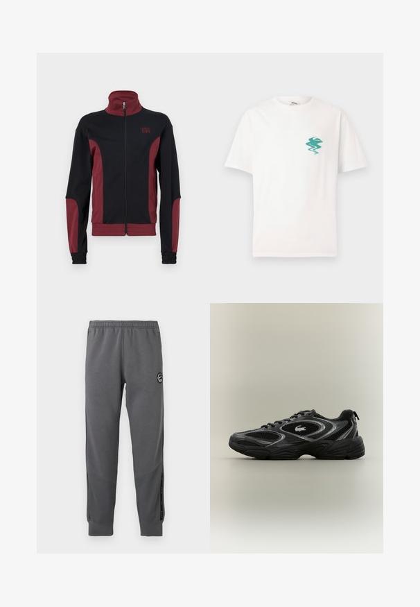Schwarze und burgunderfarbene Sportjacke mit hohem Kragen, durchgehendem Reißverschluss, strukturiertem Stoff und elastischen Bündchen. Verfügt über ein Logo auf der Brust.; Weißes T-Shirt mit kurzen Ärmeln und kleinem grünen abstrakten Wellen- und Berglogo auf der linken Brust, vor einem schlichten Hintergrund.; Graue Sweatpants aus weichem Stoff mit einem elastischen Bund, schmal zulaufenden Beinen, Seitenpaneelen und einem runden Logo-Patch.; Schwarzer und grauer Sportschuh mit Netzpaneelen, Schnürdesign, dicker Sohle und einem kleinen Krokodil-Logo an der Seite.