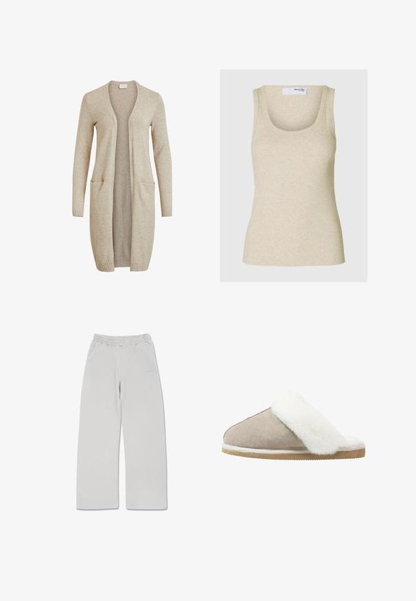 Beige pikk kardigan, mis on valmistatud pehmest kudumismaterjalist. Omab avatud esiosa disaini, kahe esipocketiga, ribakätiseid ja sujuvat tekstuuri.; Beige ribbed tank-top, millelõikega kaelus ja laiad õlapaelad. Valmistatud pehmest kangast, omab vormitud siluetti.; Heledad hallide triiksäär ja pehme kangas, millel on elastsest materjalist vöökoht, kaks küljetaskut ja sirge lõikega disain.; Natuki nahast libisemisega suss heledas beežis, mille ülaosas on valge karvane riba, ja millel on struktureeritud välispinda, mis tagab haarde ja mugavuse.