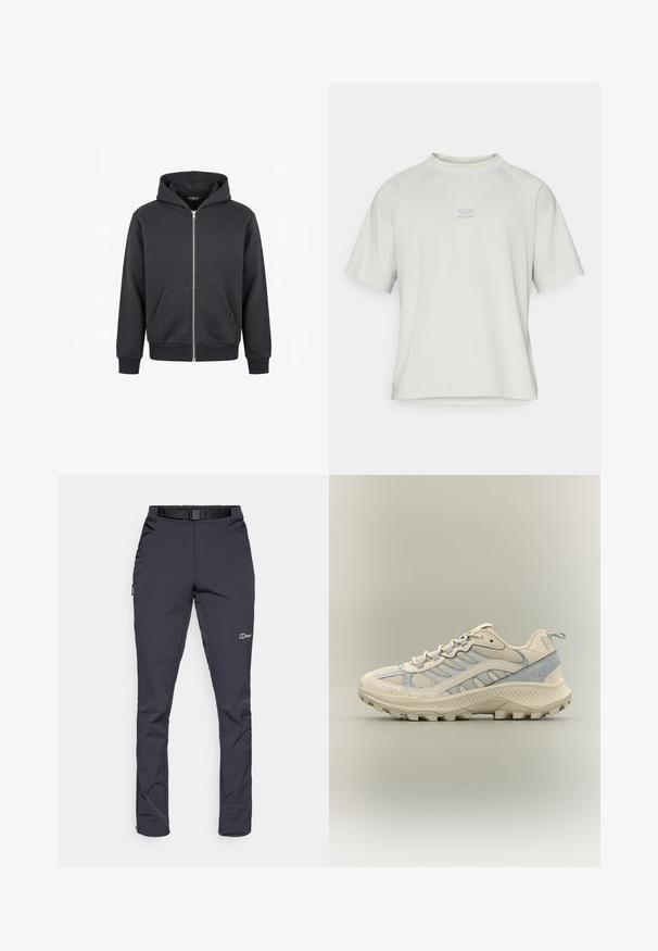 Sweat à capuche noir à fermeture éclair complète avec poches kangourou à l'avant, poignets et ourlet côtelés, et capuche attachée sur fond blanc uni.; Umbro WASHED HIGH NECK BOXY TEE - T-shirt basique - harbor mist; Pantalons résistants à l'eau en gris foncé, fabriqués en tissu durable. Les caractéristiques incluent une ceinture, des poches latérales et des ouvertures zippées aux chevilles.; Chaussure de randonnée beige clair et grise avec des panneaux en mesh, une semelle robuste, des lacets et une languette à l'arrière sur un fond uni.