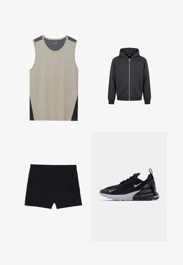 Zwarte hoodie met volledige ritssluiting, voorzakken in kangoeroestijl, geribbelde manchetten en zoom, en een vastgenaaide capuchon op een effen witte achtergrond.; Beige mouwloze tanktop met donkergrijze schouderaccenten en zwarte zijpanelen. Gladde textuur met een ronde halslijn.; Zwarte sportshorts met een gladde textuur, elastische tailleband en twee zijzakken. Voorzien van een klein logo aan de onderzijde rechts.; Zwarte sportieve schoen met bovenwerk van mesh, witte tussenzool en zichtbare luchtkussens in de hiel. Slank ontwerp met subtiele zilveren accenten.