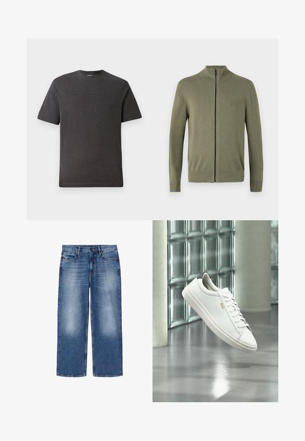 Suéter de cremallera en verde oliva, hecho de un suave material de punto, que presenta un alto cuello y puños y dobladillo acanalados. Incluye un logo discreto.; Camiseta de manga corta gris, hecha de una tela suave y ligera, con cuello redondo y costuras mínimas. Apta para uso casual.; Vaqueros azules desvaídos de corte recto con cinco bolsillos y cierre de botones, mostrados planos sobre fondo blanco.; Zapatilla deportiva de piel blanca de corte bajo con cordones, lengüeta negra en el talón y logo "BOSS", flotando en interiores cerca de una pared de bloques de vidrio y suelo pulido.