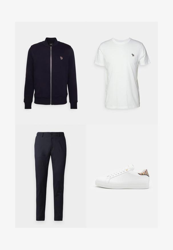 Sudadera con cremallera en tejido suave de color navy, con un cuello y puños de canalé, y un pequeño logo multicolor en el lado izquierdo del pecho.; Camiseta blanca de algodón con cuello redondo clásico y mangas cortas. Presenta un pequeño logo de caballo bordado en varios colores en el pecho.; Pantalones marinos de tela suave, con un corte ajustado, lazos para cinturón y un cierre de botón único. Piernas rectas con pliegues sutiles.; Zapatilla de cuero blanca con un acabado suave, que presenta un acento de rayas coloridas en el talón, ojal dorado y suela plana blanca.