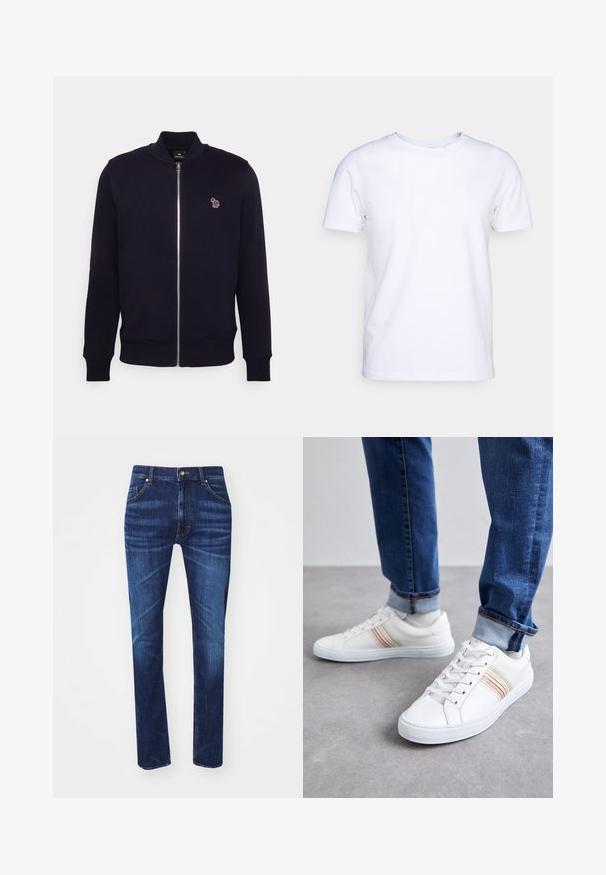 Námornícka mikina na zips z hladkej tkaniny, so splývavým golierom a manžetami, na ľavej hrudi s malým viacfarebným logom.; Biela kratkosrstá bavlnená tričko s okrúhlym výstrihom. Jednoduchý dizajn bez vzorov alebo akcentov. Hladká textúra.; Tmavomodré džínsy s rovnými nohavicami, ktoré majú päť vreciek, kontrastné oranžové švy a klasické uzatvorenie na kovový gombík.; Biele kožené tenisky s viacfarebnými prúžkami, šnurovací dizajn, gumená podrážka a polstrovaný golier, skombinované s modrými džínami.