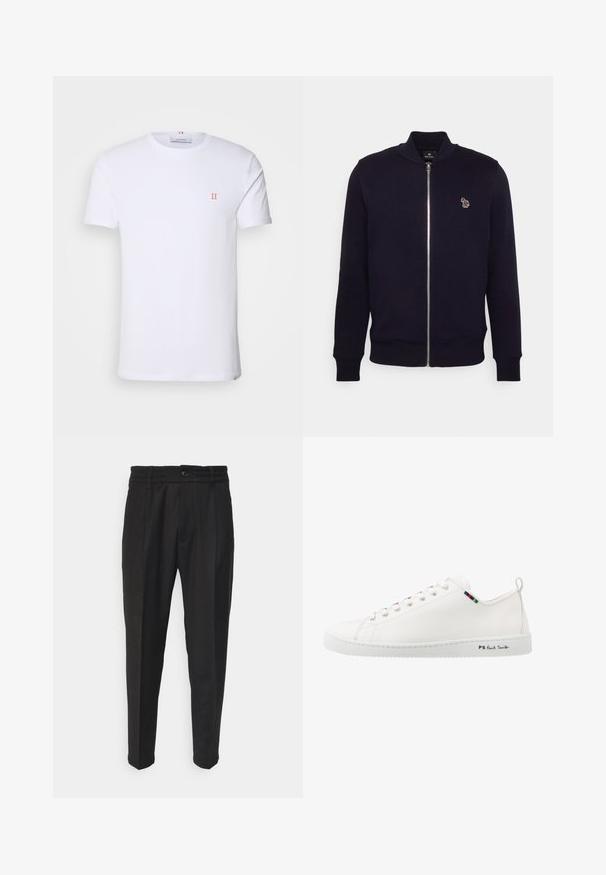 Sweatshirt zippé bleu marine en tissu lisse, avec un col et des poignets côtelés, portant un petit logo multicolore sur la poitrine gauche.; T-shirt en coton blanc à manches courtes, avec un petit logo orange "II" sur la poitrine gauche et un col rond. Design et texture simples.; Pantalons noirs en tissu texturé, dotés d'une fermeture à bouton, d'une taille élastique, de deux poches avant et de jambes fuselées.; Sneaker en cuir blanc avec une texture lisse, bout rond et détail de bande de couleur contrastante près des lacets. Dispose d'une semelle en caoutchouc et d'un logo sur le côté.
