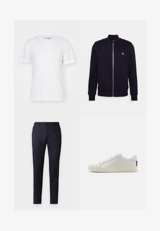Laivaston vetoketjullinen collegepaita sileästä kankaasta, jossa on ribatty kaulus ja hihansuut, sekä pieni monivärinen logo vasemmassa rintakehässä.; Valkoinen puuvillapaita, jossa on pyöreä pääntie, lyhyet hihat ja suora leikkaus. Ilman kuvioita tai koristeita, sileä pinta ja yksinkertainen muotoilu.; Laivastonsiniset housut sileästä kankaasta, joissa on kapea malli, vöit, ja yksi nappisuljenta. Suorat lahkeet hienovaraisilla ryppyillä.; Valkoiset nahkasneakerit, joissa on sileä pinta, pyöreä kärki, litteat pohjat ja sävy sävyyn nauhat. Kannan kohdalla on värikäs raidallinen yksityiskohta.