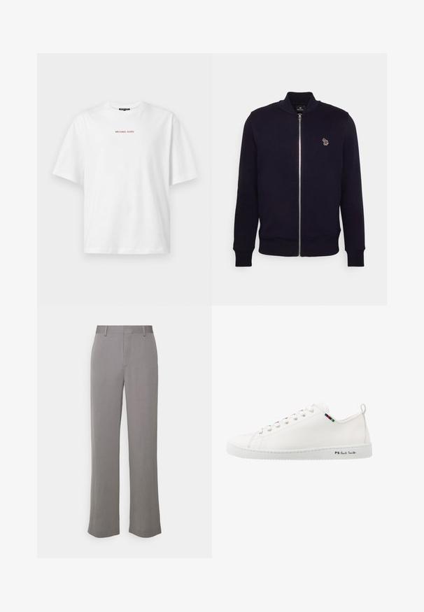Sweatshirt zippé bleu marine en tissu lisse, avec un col et des poignets côtelés, portant un petit logo multicolore sur la poitrine gauche.; T-shirt blanc à manches courtes avec col rond, avec un petit texte rouge "MICHAEL KORS" centré sur la poitrine.; Tiger of Sweden TREY - Pantalon classique - grey shadow; Sneaker en cuir blanc avec une texture lisse, bout rond et détail de bande de couleur contrastante près des lacets. Dispose d'une semelle en caoutchouc et d'un logo sur le côté.