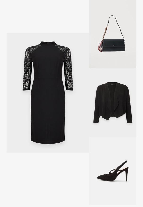 Cardigan noir ouvert à l'avant avec manches longues et col cascade drapé, en tissu texturé.; Robe noire mi-longue aux genoux avec manches trois-quarts en dentelle et petite fermeture à bouton au dos au niveau de l'encolure.; Anna Field LEATHER - Escarpins - black; Sac d'épaule rectangulaire noir avec une sangle tressée et un foulard à motif floral attaché sur fond blanc.