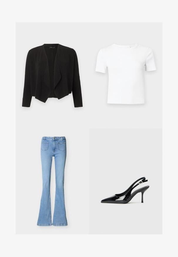 Cárdigan negro abierto al frente con mangas largas y cuello cascada drapeado, hecho de tela texturizada.; Camiseta blanca de manga corta hecha de tela acanalada, con cuello redondo y corte ajustado, ideal para superponer o para un uso casual.; Jeans de mezclilla azul claro con estilo acampanado, bolsillos delanteros tipo parche, cierre de botón y cremallera, mostrados extendidos sobre un fondo blanco.; Zapato tipo slingback de charol negro con punta afilada y tacón delgado. Cuenta con una correa ajustable con hebilla en la parte trasera. Textura suave.