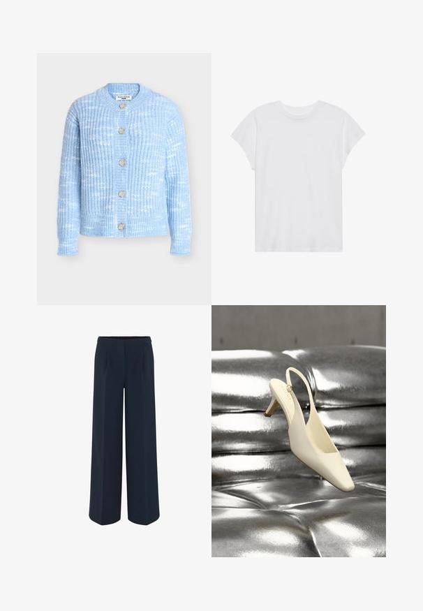 Hellblauer Strickcardigan mit rundem Ausschnitt, langen Ärmeln und fünf Holzknöpfen vorne sowie einem strukturierten Muster.; Weißes kurzärmliges T-Shirt mit Rundhalsausschnitt, lockerer Passform, aus weichem Baumwollstoff. Glatte Textur, keine Muster oder Logos.; Weite Hose in Dunkelblau, aus glattem Stoff, mit maßgeschneiderten Falten und hohem Taillendesign. Keine sichtbaren Taschen oder Verzierungen.; Cremfarbener Slingback-Kitten-Heel-Schuh mit quadratischer Spitze, liegend auf einer glänzenden silbernen, gesteppte Lederoberfläche.
