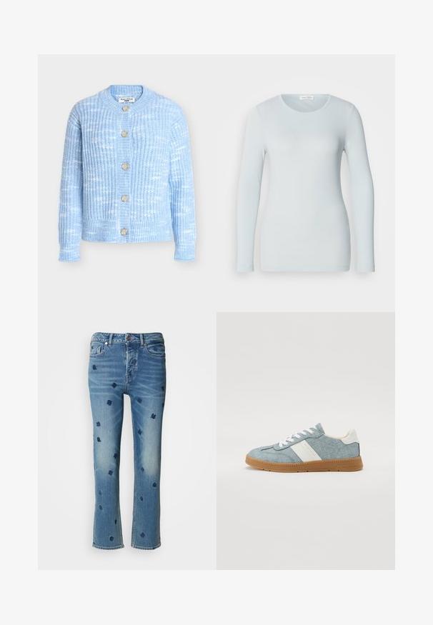 Lyseblå strikket cardigan med rund halsudskæring, lange ærmer og fem træknapper foran med et tekstureret mønster.; Lysblå langærmet T-shirt lavet af ribbet stof. Har en rund halsudskæring og en slim fit. Glat tekstur uden synlige mønstre eller pynt.; Lysblå denimjeans med lige ben, prydet med marineblå blomsterbroderi og slitageeffekter nær lommerne og kanten.; Denim lærredssko med lyseblåt overmateriale, hvid side stripe og gummisål. Har hvide snørebånd og polstret krave.