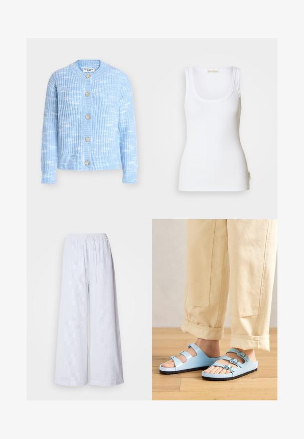 Lyseblå strikket cardigan med rund halsudskæring, lange ærmer og fem træknapper foran med et tekstureret mønster.; Hvid ribbet tanktop med rund halsudskæring og brede stropper. Har en logomærkat på sidesømmen. Fremstillet af blødt, elastisk stof.; Hvide bukser med vide ben og lyseblå striber, udstyret med en elastisk talje med snor og et tekstureret stof.; Lysblå slidesandaler med tre justerbare stropper og sølvspænder; tekstureret sål og glat overflademateriale. Båret med opkrøllede beige bukser.