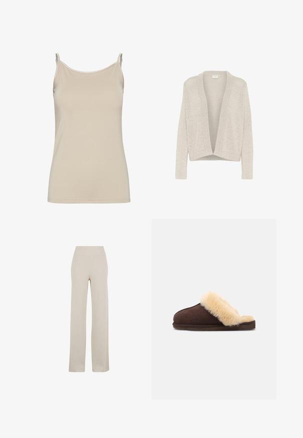Vaaleanharmaa avoin cardigan, joka on valmistettu tekstuurisesta neulekankaasta. Ominaisuuksia ovat rento malli, pitkät hihat ja ribbireunus.; Beige toppi, joka on valmistettu sileästä kankaasta, jossa on ohuet nauhat ja yksinkertainen, istuva malli, puhtaalla kaula-aukolla ja ilman kuvioita.; Beige levele-hameet, valmistettu pehmeästä, joustavasta materiaalista. Ominaisuuksiin kuuluu korkea vyötärö ja sileä pinta, tarjoten rennon istuvuuden kautta.; Ruskeat mokkasaappaat, joissa on kermaisenvalkoinen tekoturkisl lining, avonainen takadizain, tasapohja ja pyöristetty muoto mukavuutta ja lämpöä varten.
