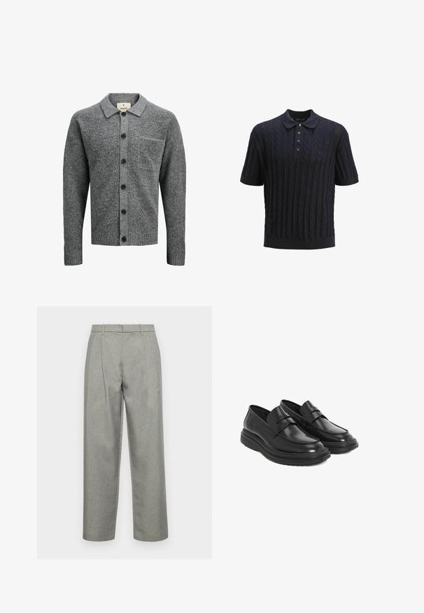 Grå uld cardigan med krave, lukning foran med knapper, lange ærmer og en brystlomme. Har et struktureret materiale og ribkant.; Marineblå kortærmet polo i struktureret strikket stof med kabelmønster, tre-knap lukning og ribbede manchetter og nederste kant.; Grå skræddersyede bukser lavet af struktureret stof, med lige ben-design, frontfolder og en standard talje med bæltesløjfer.; Sorte læder loafers med en rund tå, syet detaljer og en platform gummisål. Har en dekorativ rem tværs over vamps.