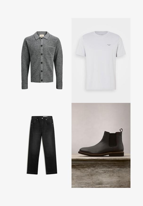 Grauer Wollkarte mit einem Kragen, vorderer Knopfleiste, langen Ärmeln und einer Brusttasche. Besitzt einen strukturierten Stoff und einen gerippten Saum.; Weißes Baumwoll-T-Shirt mit Rundhalsausschnitt, kurzen Ärmeln und kleinem schwarzem Logo auf der linken Brust. Glatte Textur und normale Passform.; Schwarze Denim-Jeans mit geradem Bein, fünf Tasche-Design, kontrastierenden Beschlägen und rohem Saumdetail am unteren Ende.; Schwarze Leder Chelsea-Stiefel mit elastischen Seiteneinsätzen und runder Zehenform, ausgestattet mit einer strukturierten Sohle und subtilen Steppnähten, erhöht über einer Holzoberfläche.