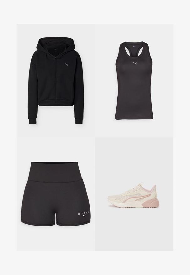 Schwarzer Kapuzenpullover mit durchgehendem Reißverschluss, langen Ärmeln, Kängurutasche und kleinem Puma-Logo auf der linken Brust.; Schwarzes Sporttanktop mit Racerback-Design, aus glattem Stoff gefertigt, mit einem kleinen grauen Logo in der Mitte vorne.; Schwarze Sportshorts aus dehnbarem Material. Hohe Taille mit weißem "HYROX"-Text und Logo auf der linken unteren Seite. Glatte Textur.; Leichte Sneaker mit einem beige und hellrosa Design, Obermaterial aus Mesh, gepolsterter Sohle und dezenten Logo-Akzenten an der Seite.