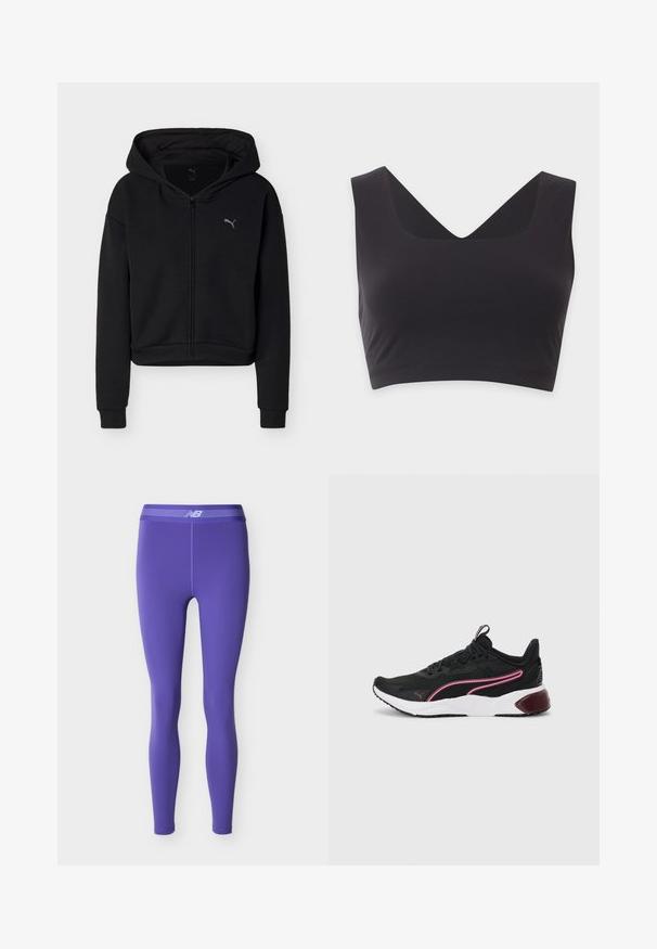 Sweat à capuche noir à fermeture éclair intégrale, manches longues, poche kangourou, et petit logo Puma sur la poitrine gauche.; Crop top noir sans manches avec de larges bretelles et un profond décolleté en V sur un fond clair uni.; Leggings de sport longs violet avec une coupe ajustée et une taille élastique comportant un logo "NB" blanc et des bandes horizontales.; Baskets de sport noires avec une tige en mesh, accents roses, semelle intermédiaire blanche et semelle en caoutchouc. Dotées d'un design à lacets sécurisé et d'un col rembourré.