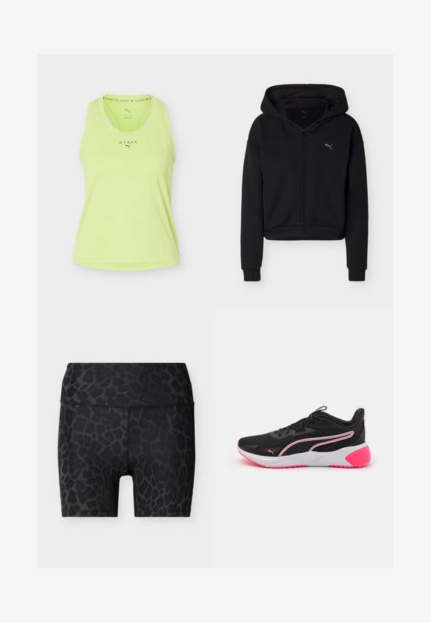 Sweat à capuche noir à fermeture éclair intégrale, manches longues, poche kangourou, et petit logo Puma sur la poitrine gauche.; Débardeur sportif sans manches vert clair avec les logos HYROX et Puma sur le devant et à l'intérieur de l'encolure.; Shorts moto à taille haute noirs avec un motif léopard gris foncé et des coutures visibles sur un fond uni clair.; Chaussures de sport noires avec une tige en mesh, des accents roses, une semelle intermédiaire blanche et un logo distinctif. Caractérisées par un design léger et une semelle extérieure texturée.