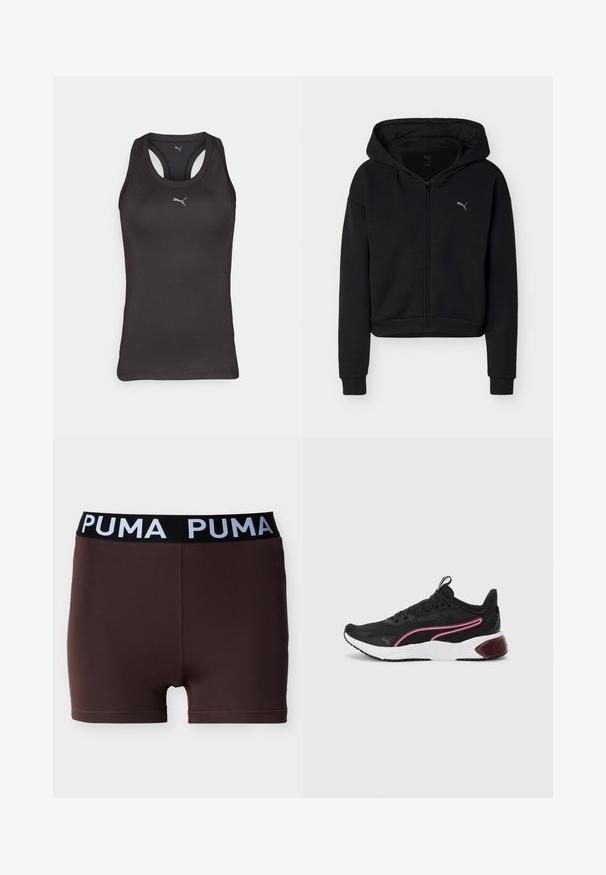 Sweat à capuche noir à fermeture éclair intégrale, manches longues, poche kangourou, et petit logo Puma sur la poitrine gauche.; Débardeur de sport noir avec un dos nageur, fabriqué en tissu lisse, présentant un petit logo gris au centre à l'avant.; Boxer-briefs pour hommes de couleur brun foncé avec une ceinture noire portant le nom de la marque "PUMA" en lettres majuscules blanches.; Baskets de sport noires avec une tige en mesh, accents roses, semelle intermédiaire blanche et semelle en caoutchouc. Dotées d'un design à lacets sécurisé et d'un col rembourré.