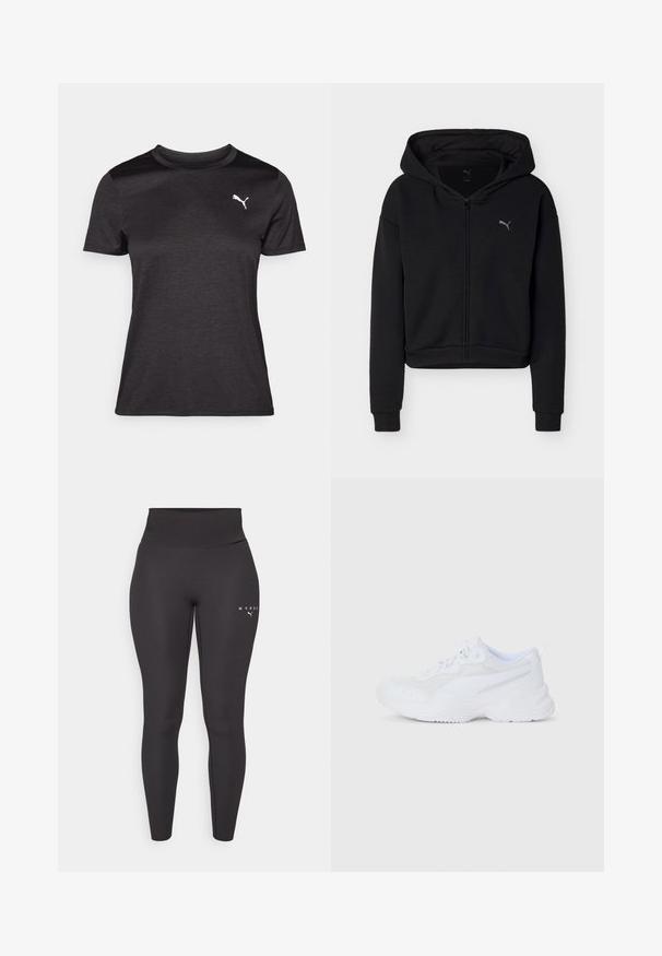 Sudadera negra con cremallera completa, mangas largas, bolsillo tipo canguro y pequeño logo de Puma en el pecho izquierdo.; Camiseta deportiva negra de manga corta, con escote redondo y un logo blanco en el pecho. Textura suave y forma ajustada.; Leggings atléticos negros hechos de material elástico, con una cinturilla alta y un discreto detalle de logo en la pierna izquierda. Textura suave.; Zapatilla deportiva blanca con parte superior de malla y cuero, suela gruesa, cierre de cordones y tirador en el talón, mostrada de perfil lateral sobre fondo blanco.