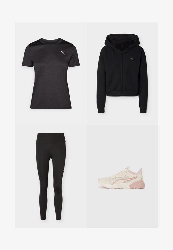 Zwarte hoodie met volledige ritssluiting, lange mouwen, kangoeroezak en klein Puma-logo op de linkerborst.; Zwarte sportieve T-shirt met korte mouwen, ronde halslijn en een wit logo op de borst. Glad materiaal en getailleerde pasvorm.; Zwarte high-waist leggings met volledige lengte van gladde stof en minimale stiksels, weergegeven op een effen lichte achtergrond.; Lichte sneakers met een beige en lichtroze ontwerp, een bovenwerk van mesh, een gevoerde zool en subtiele logo-accenten aan de zijkant.