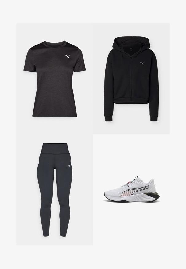 Čierna mikina na zips s dlhými rukávmi, klokankovým vreckom a malým logom Puma na ľavej strane hrudníka.; Čierne športové tričko s krátkymi rukávmi, okrúhlym výstrihom a bielym logom na hrudi. Hladká textúra a prispôsobený strih.; Čierne vysoké športové legíny s priliehavým strihom, hladkou textúrou a malým bielym logom na ľavom boku.; Biela atletická obuv s vrchnou časťou z sieťoviny, čiernymi a ružovými akcentmi, textúrovanou podrážkou a odpruženou medzipodrážkou. Obsahuje šnúrky a zaoblenú špičku.