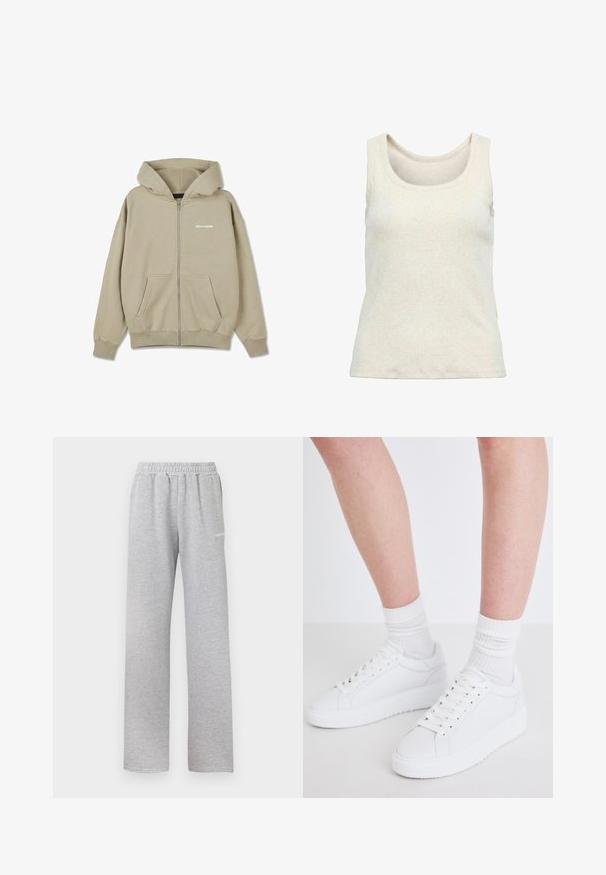 Sudadera con capucha beige con cremallera, bolsillos frontales, mangas largas, puños acanalados y logo "PEGADOR" en el pecho izquierdo.; Top de punto sin mangas en color crema con canalé, con tirantes anchos y escote redondo, diseñado para uso casual.; Pantalones de chándal gris claro con cinturilla elástica, diseño de pierna recta y un pequeño logo blanco en el muslo izquierdo. Tejido suave y texturizado.; Copenhagen Studios CPH72 - Zapatillas - white