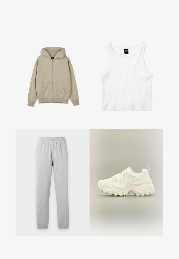 Beige hoodie met ritssluiting, voorzakken, lange mouwen, geribbelde manchetten en het "PEGADOR"-logo op de linkerborst.; Witte geribbelde mouwloze cropped top met ronde halslijn en een klein zwart labeltje midden achteraan bij de kraag.; Grijze joggingbroek van zachte stof, met een elastische tailleband, geribbelde enkels en een zijzak. Logo gedrukt op de linkerdij.; Witte chunky sneaker met dikke textuurrijke zool, mesh panelen, veters aan de voorkant en een treklipje aan de hiel op een neutrale achtergrond.