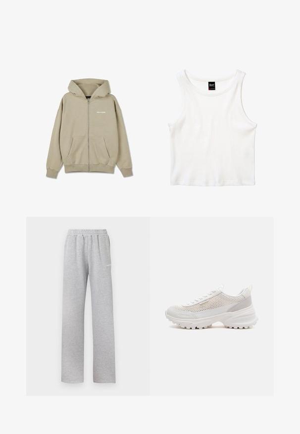 Beige hoodie med lynlås, forlommer, lange ærmer, ribkant ved ærmerne og "PEGADOR"-logo på venstre bryst.; Hvid ribbet ærmeløs crop top med rund halsudskæring og lille sort mærke midt bag på kraven.; Lys grå sweatpants med elastisk talje, lige ben design og et lille hvidt logo på venstre lår. Blødt, tekstureret stof.; Hvid chunky sneaker med mesh-overdel, tyk sål, Calvin Klein-logo på siden og trækflig på hælen.