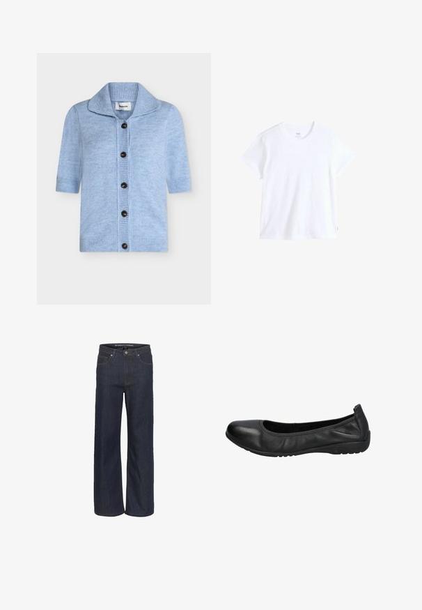 Hellblauer Strick-Cardigan mit kurzen Ärmeln, weitem Kragen und fünf dunklen Knöpfen auf der Vorderseite, mit gerippten Bündchen und Saum.; Weißes Baumwoll-T-Shirt mit kurzen Ärmeln, rundem Ausschnitt und geradem Saum. Mit kleinem rotem Logostreifen an der unteren linken Seite.; Dunkelblaues, weites Jeanspaar mit hoher Taille, das über fünf Taschen, kontrastierende Nähte und einen rohen Saum am unteren Ende verfügt.; Schwarze Leder-Ballettschuhe mit einer runden Spitze, glatter Textur und einem leicht elastischen Rand für zusätzlichen Komfort. Gummisohle für besseren Halt.