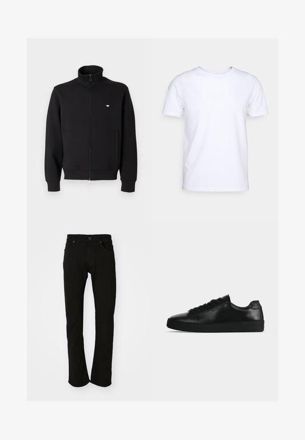 Schwarzer Sweatshirt mit Reißverschluss und hohem Kragen, ausgestattet mit zwei Vordertaschen und einem kleinen goldenen Emblem auf der linken Brust. Weiche Stoffstruktur.; Weißes T-Shirt mit kurzen Ärmeln aus Baumwollstoff und rundem Halsausschnitt. Schlichtes Design ohne Muster oder Akzente. Glatte Textur.; Schwarze Jeans aus Denim mit geradem Beinanschnitt, ausgestattet mit einem klassischen Bund, Fronttaschen und einer glatten Textur. Keine sichtbaren Muster oder Akzente.; Schwarzer niedriger Ledersneaker mit schwarzen Schnürsenkeln und dicker schwarzer Sohle, von der Seite auf hellgrauem Hintergrund gezeigt.