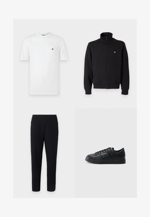 Sweatshirt noir à fermeture éclair avec un col montant, doté de deux poches avant et d'un petit emblème doré sur le côté gauche de la poitrine. Texture de tissu doux.; T-shirt en coton blanc avec col rond et manches courtes. Présente un petit logo noir sur le côté gauche de la poitrine. Texture lisse, coupe décontractée.; Pantalon noir sur mesure avec ceinture élastique, plis avant soigneusement repassés, et coupe droite, sur un fond gris clair.; Baskets en cuir noir avec une finition lisse, bout arrondi, fermeture à lacets, col rembourré et accents latéraux texturés. Détail du logo subtil visible.